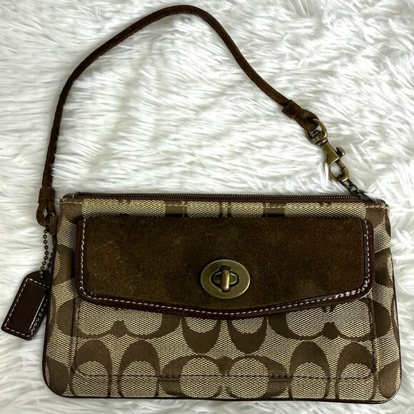 y2k COACH Vintage Soho Suede Brown Signature Canvas Wristlet - Picture 1 of 8